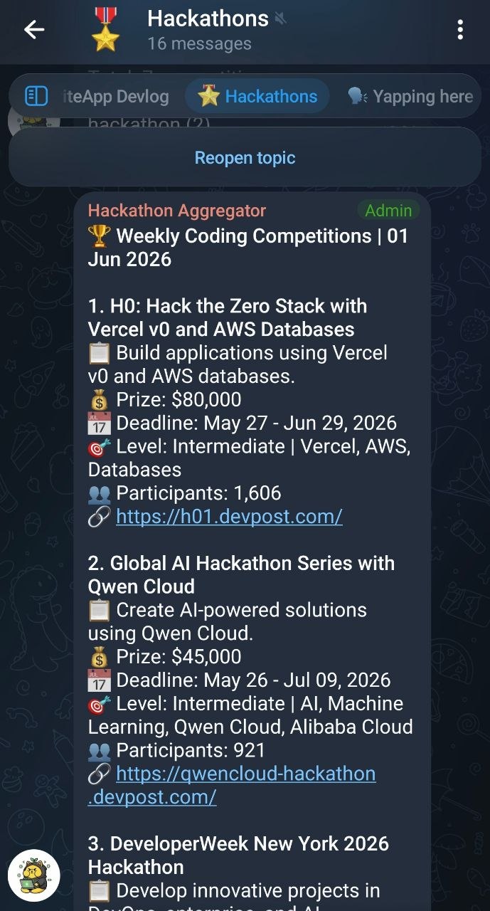 Hackathon Aggregator weekly digest in Telegram, listing coding competitions ranked with prize money, deadlines and live participant counts