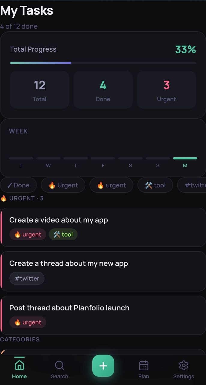 Planfolio dashboard showing task progress, weekly view and urgent tasks