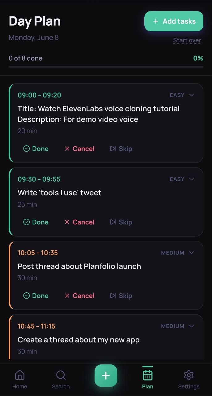 Planfolio day plan with time-blocked tasks and difficulty tags