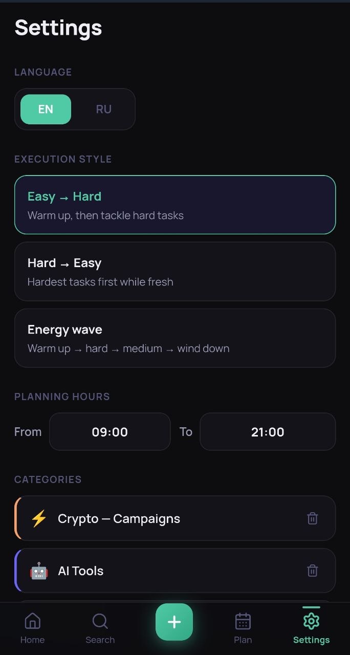 Planfolio settings: language, execution style and planning hours